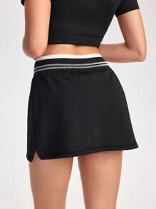 SHEIN Sports 女式夏季撞色条纹装饰缝线细节运动短裙，带口袋 - 彩色 - 查看 2