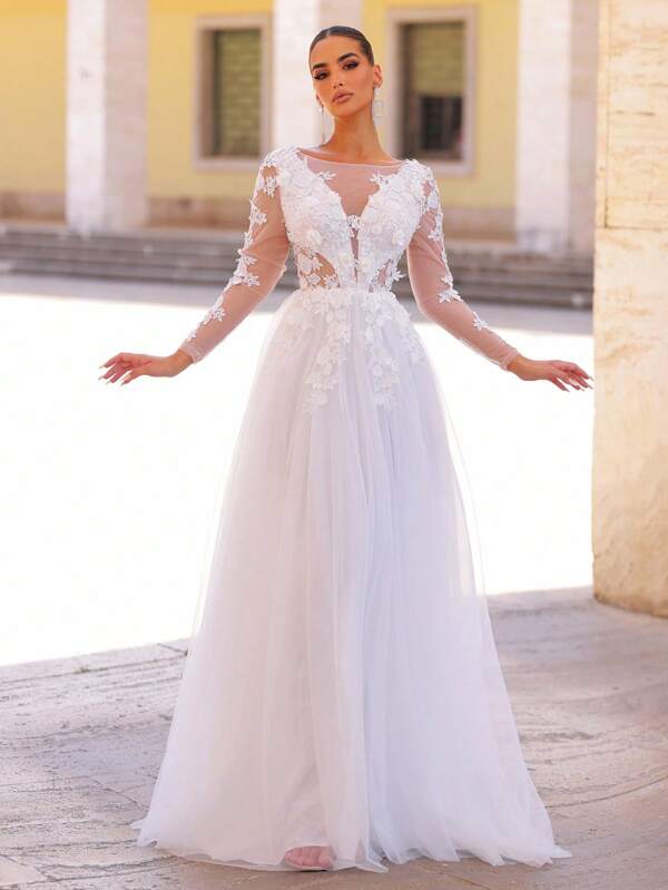 Glamrae Vestido largo elegante de manga larga con aplicaciones florales hechas a mano, cintura transparente, adecuado para vestido de novia, Día de San Valentín