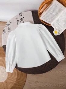 SHEIN 复古优雅少女灯笼袖衬衫，秋季白色纽扣衬衫，母女亲子装，适合秋冬季日常休闲穿着及上学穿着，返校季必备 - 白色 - 查看 2