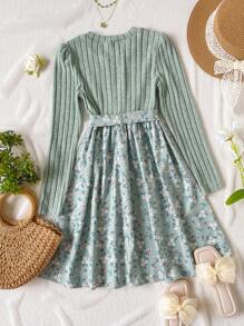 Vestido casual para meninas adolescentes com patchwork floral e bainha redonda, manga comprida