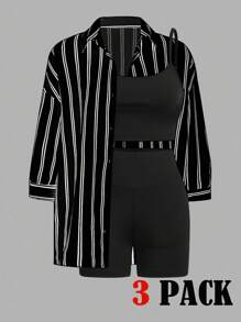 SHEIN Essnce Plus Size Women Summer Outfits For Women Beachwear Vacation Outfits Woman Easter Beach Outfits For Woman Workout Sets Women Business Casual Woman Gym Lounge Sets For Women Office Outfits For Women Rave Outfits Festival Cruise Attire Women Summer Shorts Joggers Vacation Two Pieces Set Teacher Graduation Outfit Minimalist Striped Shirt, Solid Color Camisole And Shorts Casual Set - Black - View 1