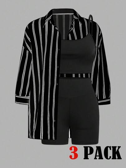 SHEIN Essnce Plus Size Women Summer Outfits For Women Beachwear Vacation Outfits Woman Easter Beach Outfits For Woman Workout Sets Women Business Casual Woman Gym Lounge Sets For Women Office Outfits For Women Rave Outfits Festival Cruise Attire Women Summer Shorts Joggers Vacation Two Pieces Set Teacher Graduation Outfit Minimalist Striped Shirt, Solid Color Camisole And Shorts Casual Set