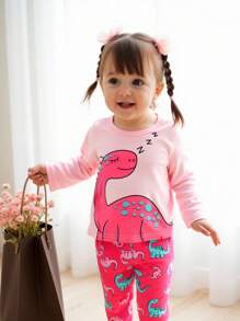 2pcs Baby Girls Cute Cartoon Dinosaur Print Round Neck Long Sleeve T-Shirt And Elastic Waist Pants Casual Outfit, Suitable For Spring/Autumn And Winter Layering, 6M-3T, Baby Girl Outfit, Baby Girl Set Baby Girl Pink Outfit,Baby Girl Pink Long Sleeve T-Shirt And Pants Co-Ord For Everyday Casual Wear,Baby Girl Clothes, Baby Girl Leggings, Baby Girl Pink Dinosaur Set - Multicolor - View 3