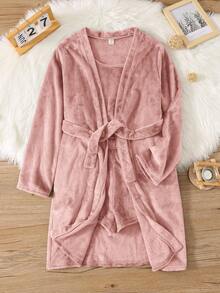 SHEIN 3pcs Teen Girl Pink Minimalist Comfortable Long Sleeve Robe, Short Vest & Shorts Soft Flannel Pajama Set, Autumn/Winter - Pink - View 5
