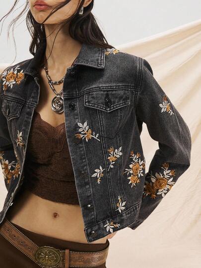 Easelle 休闲复古拼布牛仔花边流苏夹克女式刺绣牛仔夹克女式牛仔夹克花牛仔夹克短款牛仔夹克西部夹克秋装女式
