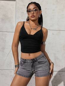 SHEIN ICON 女式口袋紧身休闲百搭牛仔短裤 - 灰色 - 查看 6