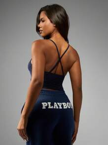 Missguided x Playboy Cropped Cami Tank Top Cross Back Design V Neck Athletic Number Print Workout Slim Fit Summer Spring Casual Streetwear Loungewear - Royal Blue - View 2