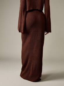 MISSGUIDED 罗纹针织直筒裙舒适秋季超长高腰毛衣下装秋冬时尚宽腰带及地长裙修身 - 棕色 - 查看 2