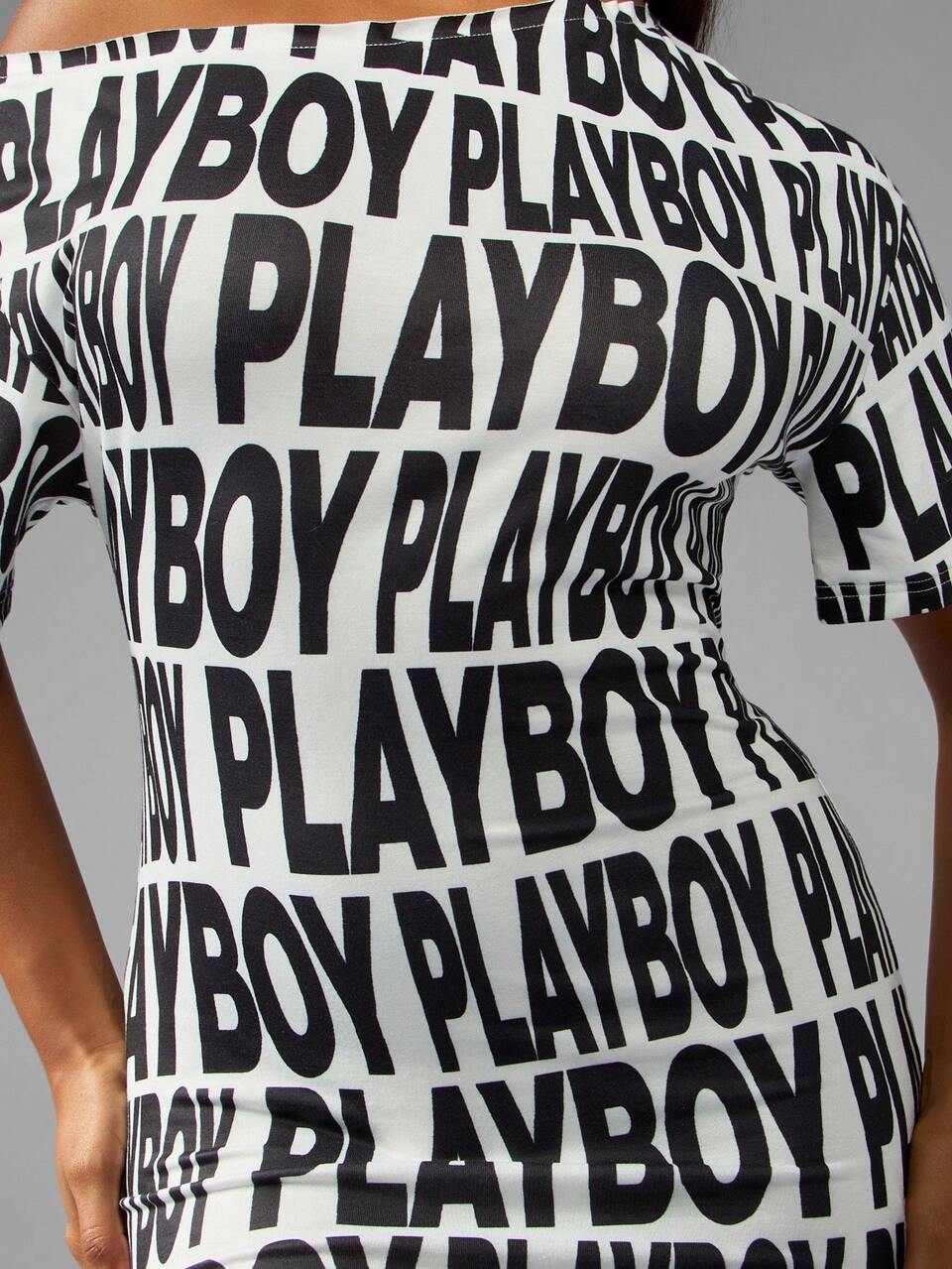 Missguided x Playboy Off Shoulder Mini Dress All Over Print Party Club Wear Fashion Statement Bodycon Short Sleeve Above Knee Length Summer Night Out