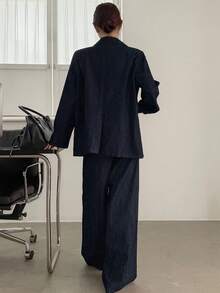 DAZY 女式牛仔外套，有领，直筒裤，休闲牛仔套装 - 深色水洗藍 - 查看 4