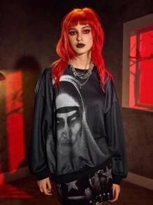 The Nun X SHEIN Áo nỉ dài tay cổ tròn in hình nhân vật phim kinh dị màu đen - màu đen - Xem 5