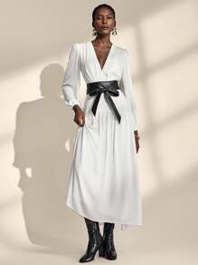 Almamuse Women's Elegant Long Sleeve V-Neck Leather Waist Belt Contrast Color Dress Fall Cloth For Women - Black and White - View 3