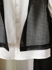 SHEIN 男童立领长袖双面袖口衬衫、裤子和网眼连帽背心三件套 - 黑色 - 查看 5