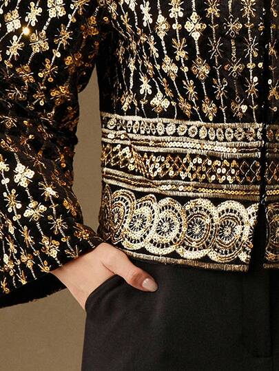 Anewsta Women's Elegant Velvet Beaded Embroidered Flare Sleeve Party Round Neck Jacket, Suitable For Autumn, Fall, Winter, Going Out, Formal, Party, Chic, New Year, Women's Winter Coat, Christmas, Work, Graduation, Wedding, Luxury