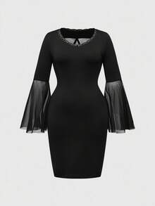 ROMWE Halloween Gothic Profession Backside Star Strap Mesh Lace Patchwork Cross Decor Deep V-Neck Plus Size Waist Cinched Slit Dress - Black - View 1