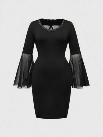 Halloween Gothic Beruf Rückseite Stern Riemen Mesh Spitze Patchwork Kreuz Dekor Tiefer V-Ausschnitt Große Größen Taille Geschnürt Schlitz Kleid