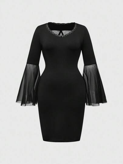 Halloween Gothic Profession Backside Star Strap Mesh Lace Patchwork Cross Decor Deep V-Neck Plus Size Waist Cinched Slit Dress