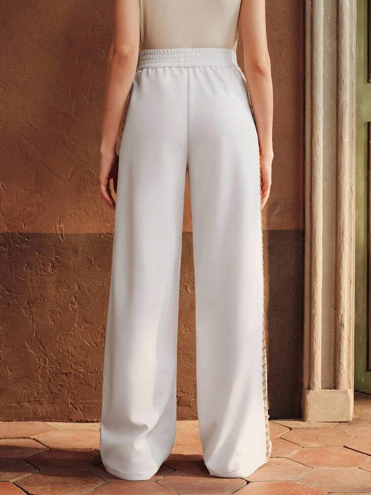 Women's Autumn Chic Elegant Heavily Embellished Chain Side Studded Loose Straight Leg Sweatpants