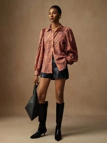 Lyxana Camisa de manga larga con botones y estampado floral vintage tipo "ditsy" para mujer, ideal para el día a día - Marrón - Ver 4