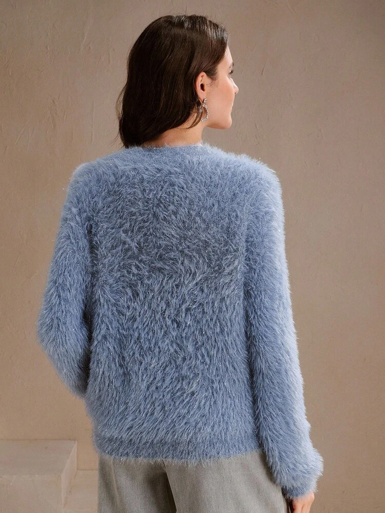 Women's Round Neck T-Shirt, Fashionable Pom-Pom 3D Floral Fuzzy Long Sleeve Sweater, Suitable For Fall, Autumn, Winter, Elegant, Chic, New Year, Casual