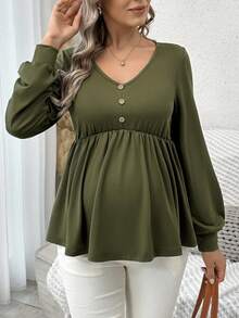 SHEIN Casual Long Sleeve Ruffle Hem Maternity T-Shirt - Army Green - View 6