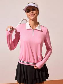 CourtClass Camisa polo deportiva de manga larga con media cremallera y estampado de rayas de contraste, conjunto de tenis rosa para mujer, ropa de tenis de manga larga, parte superior de golf para mujer, camisetas de tenis para mujer