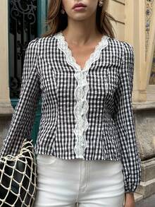Pariaura 女式格子荷叶边系带泡泡袖衬衫 - 黑與白 - 查看 5