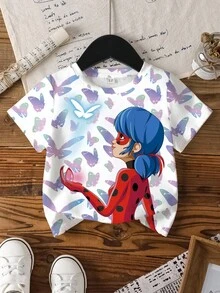 Miraculous Ladybug X SHEIN Young Girl Butterfly And Cartoon Figure Graphic Round Neck Short Sleeve T-Shirt - White - View 1