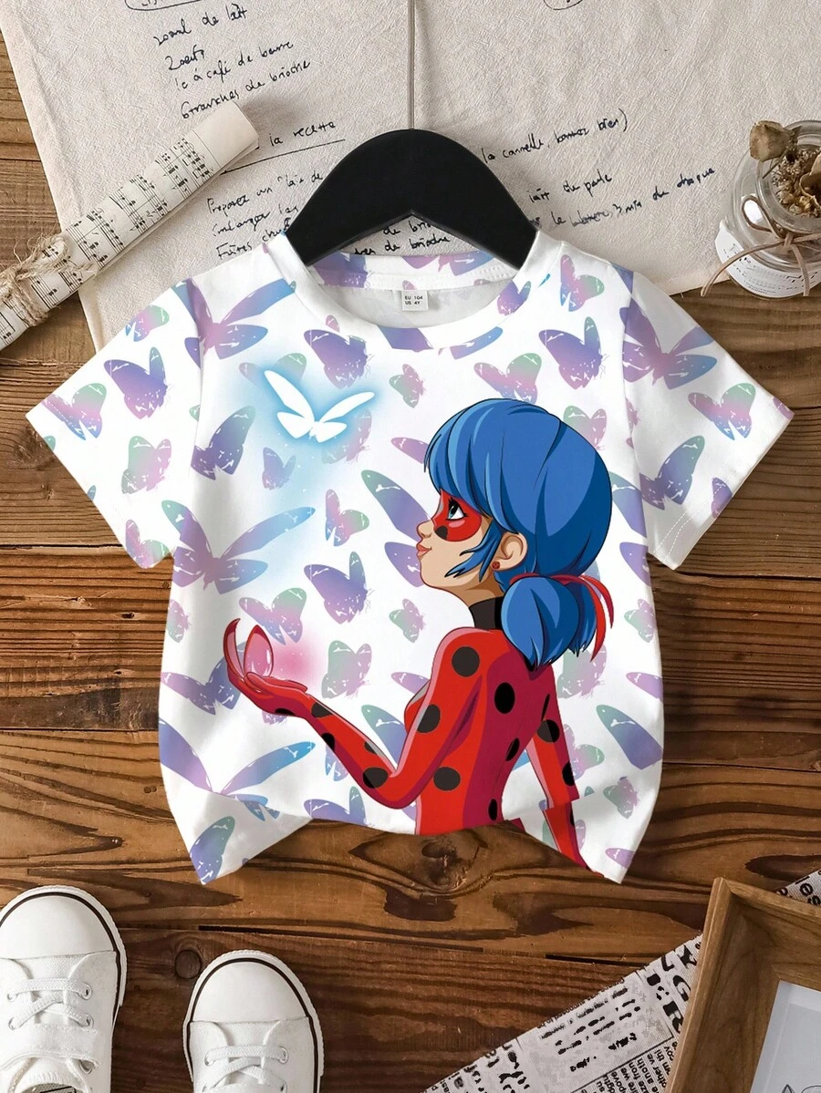 Miraculous Ladybug X SHEIN Young Girl Butterfly And Cartoon Figure Graphic Round Neck Short Sleeve T-Shirt - White - View 1