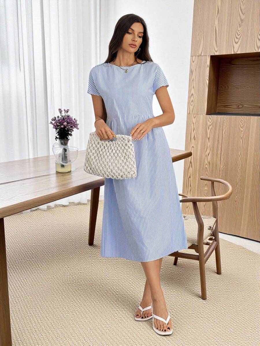 SHEIN Tall 女款休閒條紋中長洋裝,夏季商務休閒女裝,婚禮賓客禮服,老錢風女裝,適合高個子女性 - 藍色 - 查看 1