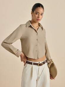 Airaco Áo sơ mi dài tay đơn sắc cài nút phía trước cho nữ, Áo dài tay - Màu Khaki - Xem 4