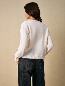 Poéselle Cárdigan de punto bordado para mujer, suéter de manga larga con botones y estampado floral, ropa exterior suave para otoño, blusa esponjosa, pantalones de pijama para el Día de Acción de Gracias y Halloween, suéteres de otoño para mujer, cárdigan de mujer - Blanco - Ver 2