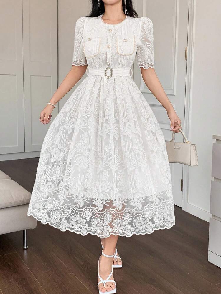 DAZY Vestido Longo Elegante de Mulher, Estilo Coreano Romântico e Jovem, com Bordado e Cadarço, Vestido de Verão Suave para Mulheres - Branco - Visão 2