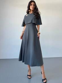 Firerie 女士优雅正式通勤连衣裙，高腰 A 字中长连衣裙，带金属装饰，适合教师和日常穿着，灰色 - 灰色 - 查看 4