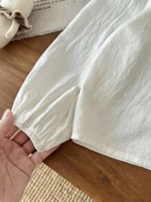 LMoss Kids 年轻女孩纯色刺绣领休闲衬衫 - 白色 - 查看 8