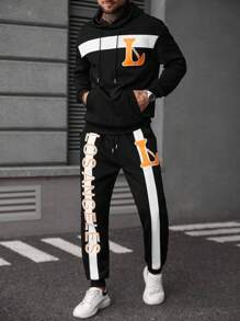 Manfinity LEGND Men's Hooded Sweatshirt Set, Mature Street Style Textured Fabric, English Letter Print Pattern - Black - View 3