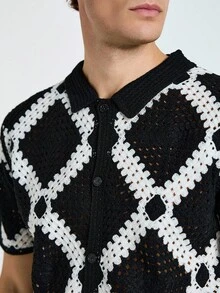 Manfinity Homme Men's Boxy Fit Button Through Crochet Knit Shirt - Black and White - View 5