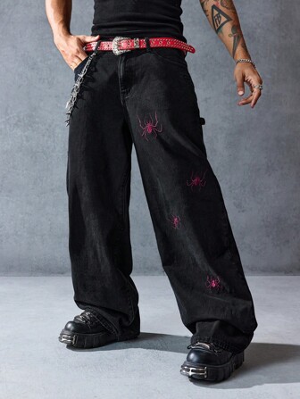 Goth Men's Dark Spider Print Fashion Jeans, Halloween, Grunge