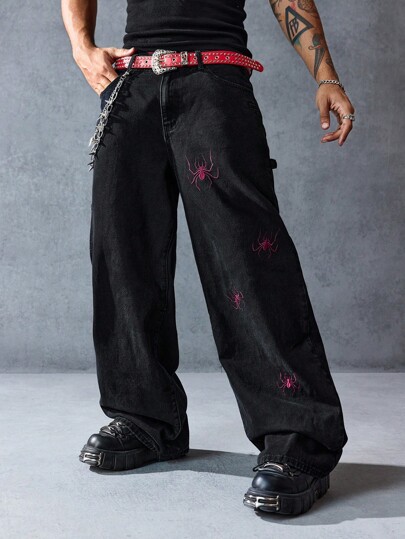 Goth Men's Dark Spider Print Fashion Jeans, Halloween, Grunge