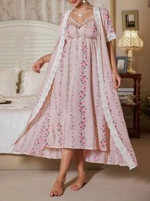 CottageSlumber 2 Stücke/Set aus Camisole-Kleid mit Blumenstickerei und kurzärmligem Morgenmantel aus Spitze - Verschiedenfarbig - Übersicht 5
