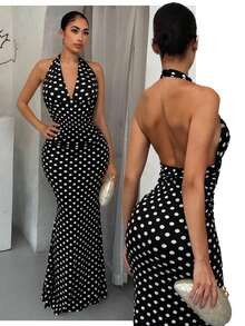 SHEIN SXY 黑白波点优雅挂脖鱼尾下摆连衣裙 - 黑與白 - 查看 4