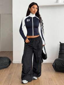 Coolane Women's Fall/Winter Streetwear Sport Going Out Stretchy High Neck Long Sleeve Football Soccer Bustier White And Dark Blue Coat,