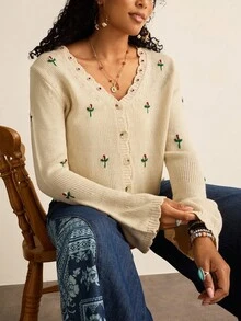 SHEIN VCAY 大码休闲简约长袖纽扣开衫，秋冬时尚休闲喇叭袖仙女风另类开衫，纽扣设计，适合外出、复古、教师、可爱、西部、波西米亚、乡村、简约基础款、机场V领秋季开衫 - 杏色 - 查看 5