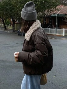 Women's Fur Collar Patchwork Loose Casual Street Style PU Leather Padded Coat Jacket Winter - Coffee Brown - View 3