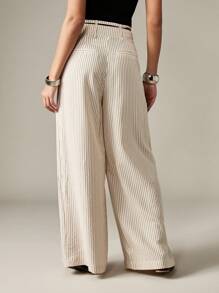 MISSGUIDED Pinstripe Wide Leg Palazzo Pants High Waisted Office Wear Business Professional Trousers With Belt Elegant Classic Workwear Fall Winter - Beige - View 2