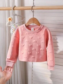 SHEIN 女童休闲白色针织加厚纹理长袖圆领短款宽松卫衣，适合秋冬季运动、休闲和日常穿着。女童生日、母女装、万圣节、返校季粉色系秋季女童卫衣、女童粉色卫衣、爱心卫衣、带爱心图案卫衣、女童粉色卫衣 - 白色 - 查看 3