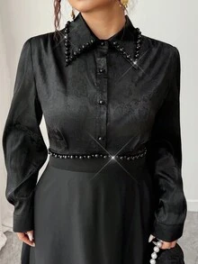 Elenzga Váy dài tay cổ ngọc trai họa tiết jacquard thanh lịch dành cho nữ cỡ lớn - màu đen - Xem 7