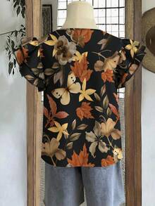 EMERY ROSE Plus Size Butterfly Leaf Print Women's Black,Summer,Boho,Everyday Daily Casual Elegant Round Neck Double Layer Flutter Sleeve Loose Shirt Blouse - Multicolor - View 2