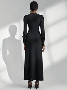 Almamuse Women's Long Dress, Elegant & Graceful, Simple V-Neck Jacquard Black Dress Fall Cloth For Women - Black - View 2