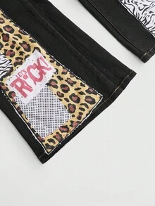 ROMWE J-Fashion Jeans de mezclilla con bordados de estampados de leopardo, cebra, rayas verticales y patchwork, estilo Y2K Baddie - Azul - Ver 3